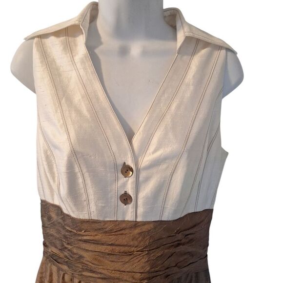 Kay Unger brown , champagne silk dress with floral button accent size 10 - Picture 2 of 10